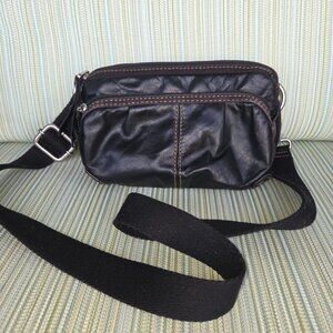 Fossil Black Leather Canvas Belt Bag Fanny Pack Adjustable Strap Zipper Pockets